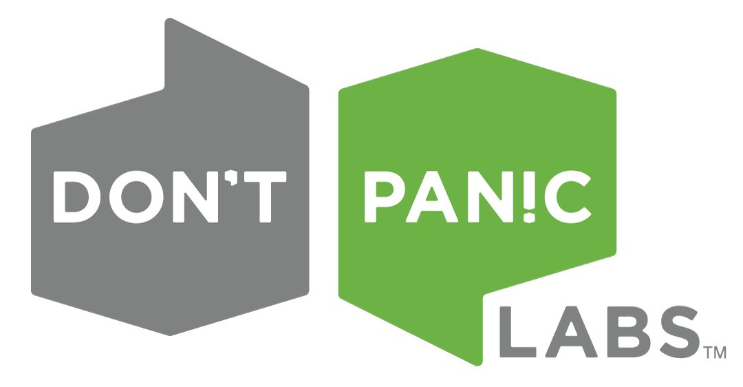 DON'T PANIC LABS logo with gray and green geometric shapes.