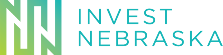 Invest Nebraska logo with gradient green and blue text and abstract line shapes.