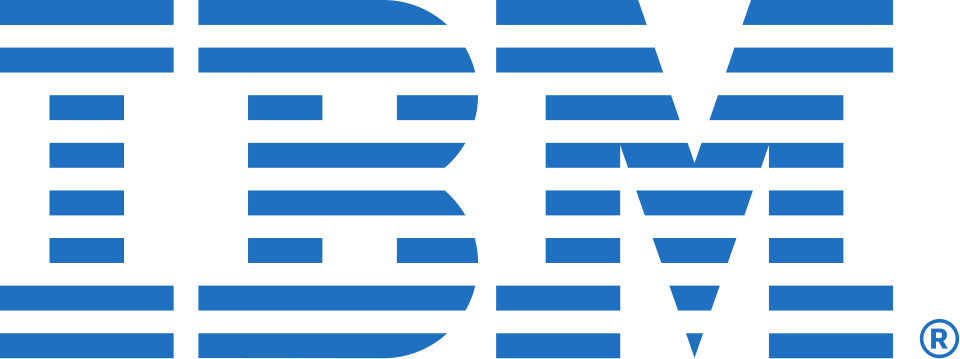 IBM logo with bold blue horizontal stripes forming the letters.