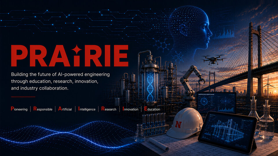 AI-themed graphic with a head profile, drone, DNA helix, lab tools, bridge, and the text "PRAIRIE." Image is AI generated.