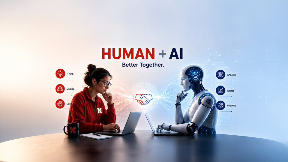 Human and robot sitting across a table using laptops, with collaborative icons and text above them. Image is AI generated.
