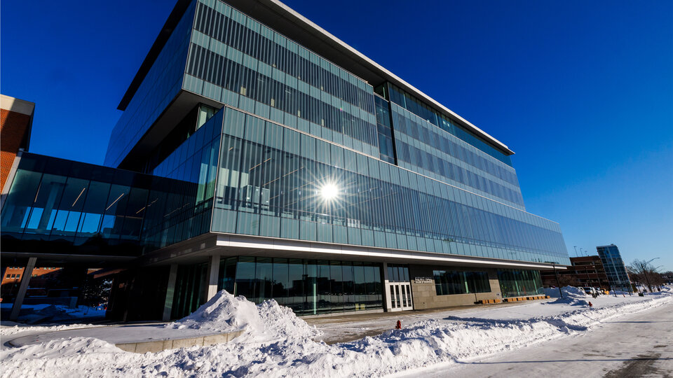 Kiewit Hall exterior during winter.